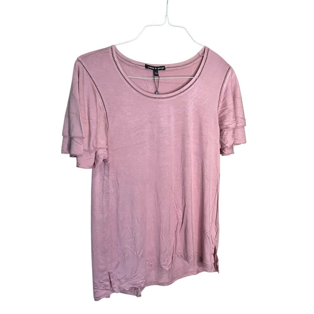 Cable & Gauge Ruffle Sleeve‎ Blouse Round Neck Pullover Stretch Pink Size L NWT